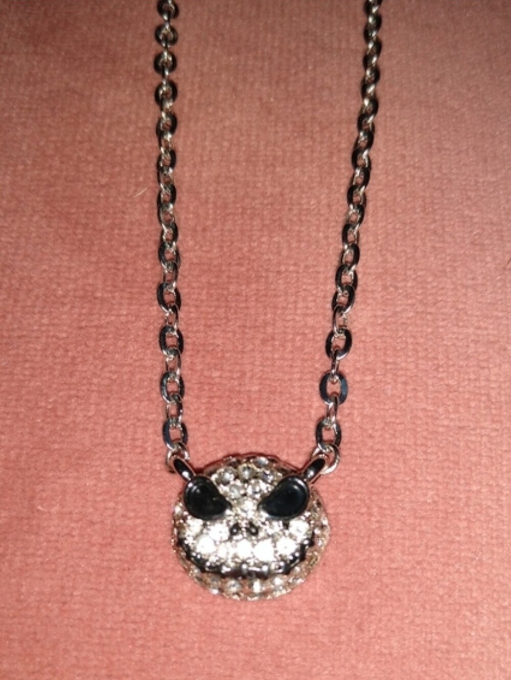 Silver Skull Charm Chain Necklace Pave Rhinestone Smiling Face Black Eyes Charm